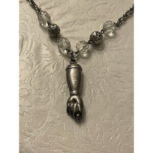 Freirich Necklace Hand Pendant Silver Tone Crystal Filigree Beads 18”